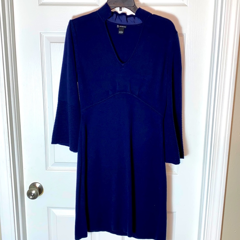 New Direction Midi Knit Dress Navy Blue Large with Ribbed Bell Sleeve Sweater